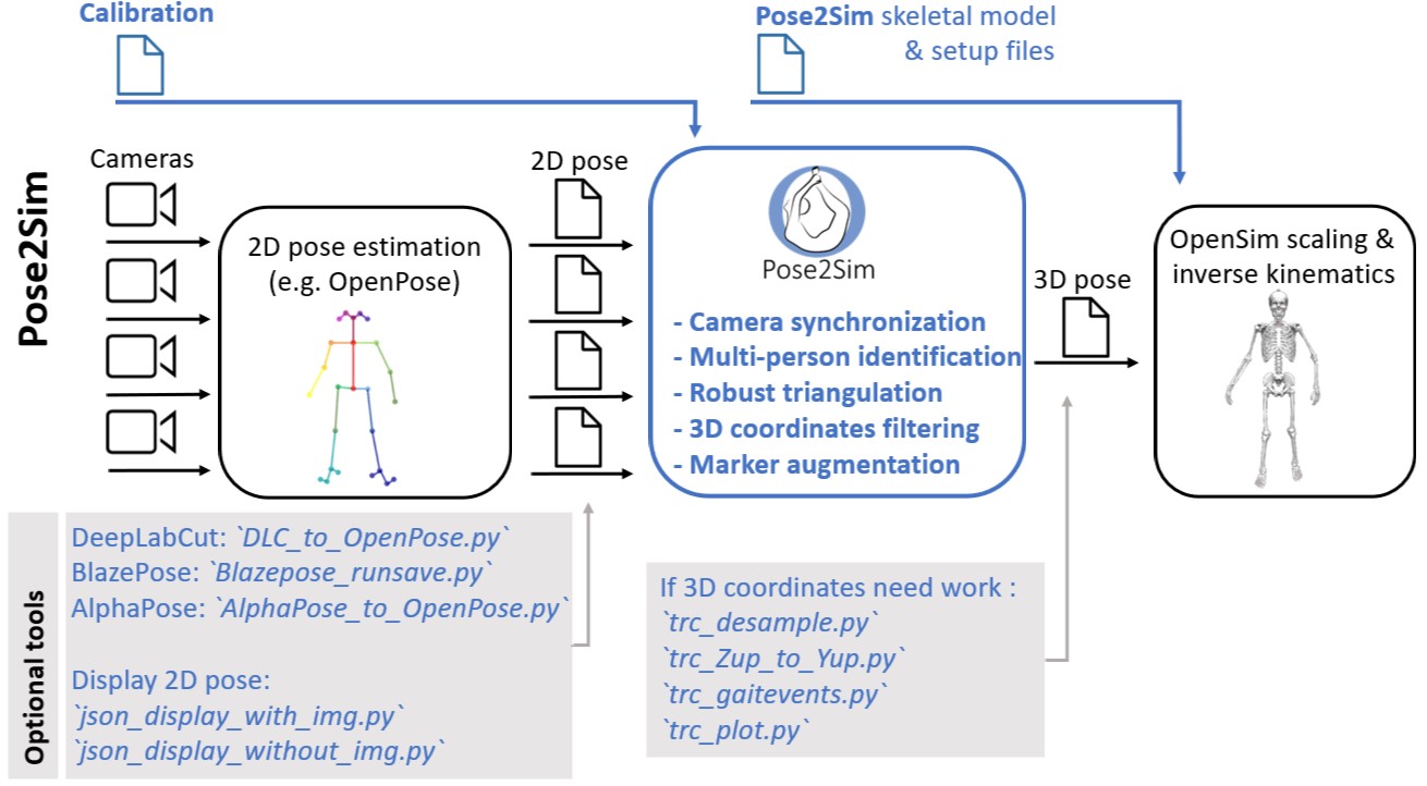 The Pose2Sim workflow, along with some optional utilities provided in the package.\label{fig:utilities}