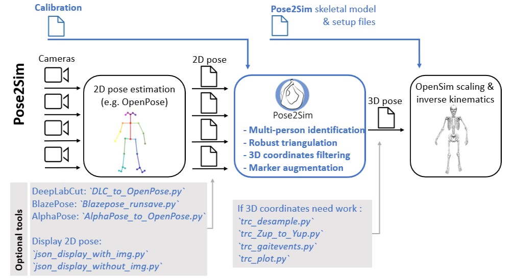 The Pose2Sim workflow, along with some optional utilities provided in the package.\label{fig:utilities}